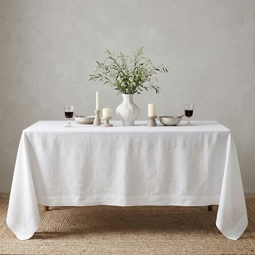Solino Home Linen White Tablecloth 60 x 90 Inch - 100% Pure Linen Rectangular Tablecloth - Machine Washable Table Cloth for Winter, Christmas, Holiday, New Year - Fete