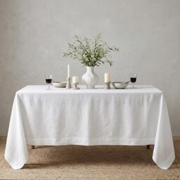Solino Home Linen White Tablecloth 60 x 90 Inch - 100% Pure Linen Rectangular Tablecloth - Machine Washable Table Cloth for Winter, Christmas, Holiday, New Year - Fete