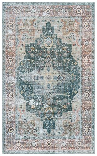 Safavieh Distressed Rug Ideal for High Traffic Areas - Machine Washable and Non Slip - Arizona Collection, Short Pile, in Green and Brown, 91 X 152 cm