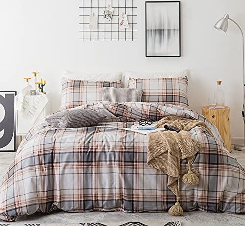 SUSYBAO Khaki Plaid Duvet Cover Queen 100% Cotton 3 Pieces Set 1 Farmhouse Striped Gingham Duvet Cover with Zipper Ties 2 Pillowcases Tan Stripe Checkered Bedding Set Soft