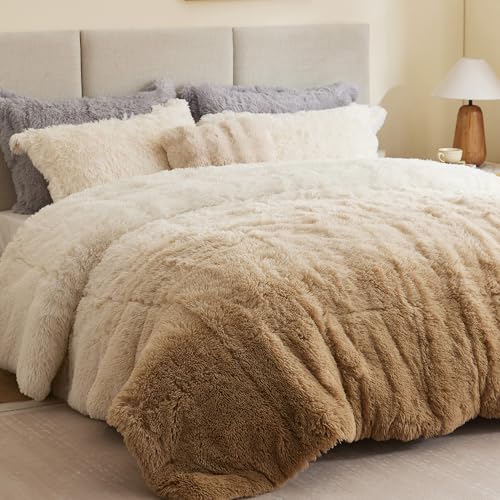 "Intelligent Design Long Shaggy Faux Fur Comforter Set, Soft Plush Reverse, Chic Ombre Design King Size Comforter Sets, All Season Bedding Set, Matching Sham, Brielle, King/Cal King(104""x90"") Natural"