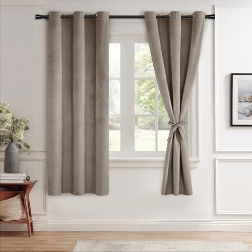 JIUZHEN Taupe Velvet Curtains 63 inches Blackout Curtains for Living Room - Privacy Protect Room Darkening Grommet Thick Velvet Window Drapes for Bedroom, Set of 2 with Tiebacks, 42W x 63L