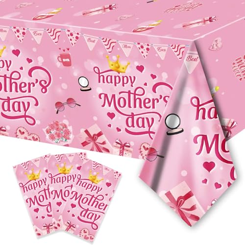 "PARSUP Mothers Day Disposable Tablecloth - 108"" ?? 54"", Happy Mothers Day Table Cloth Best Mom Ever Flower Heart Tablecover Plastic Rectangle Table Cover for Dinner Party Decor (3)"