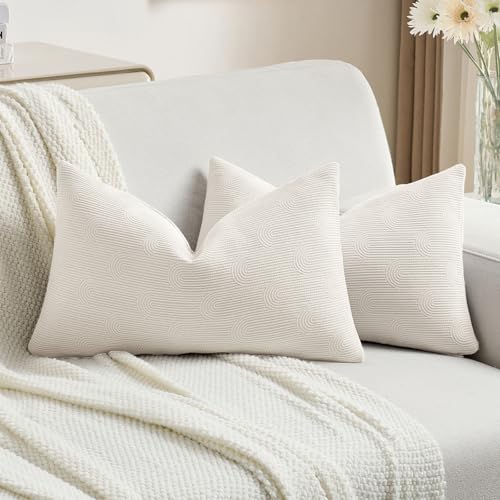 FUTEI Cream White Chenille Decorative Throw Pillow Covers 12x20 Inch Set of 2,Soft Cozy Striped Geometric Patterns Lumbar Pillow Cases,Modern Home Decor for Couch Bed Living Room