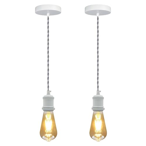 LEDSone Vintage White Pendant Light E27 – Industrial Retro Ceiling Lamp Kit with Twisted Fabric 1m Cable & Metal Rose Hanging Light for Kitchen Island, Dining Room & Bar Lighting