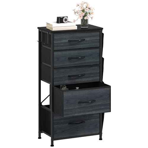 DWVO Narrow Chest of Drawers with 5 Drawers, Fabric Chest Drawers with Side Pocket&Hooks,Easy Pull Handle,Sturdy Steel Frame for Bedroom,Living Room,Charcoal Black Wood Grain