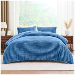 GC GAVENO CAVAILIA Ribbed Fleece Duvet Cover Single - Thermal Warm Polyester Single Duvet Cover Set With Pillow Case - Washable Cozy Fluffy Quilt Cover Winter Bedding Set 135x200 Cm, Denim Blue