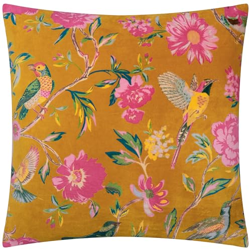 furn. Wylder Aviary Cushion Cover – Cotton Velvet Country Garden Bird Decorative Case (Gold – 50x50cm)