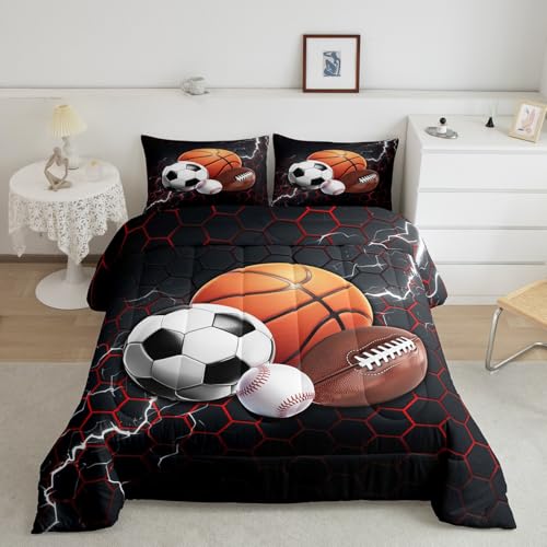 Feelyou Mixed Ball Comforter Set Full Size Rugby Sports Comforter for Boys Girls Teens Football Bedding Set Baseball Duvet Set Room Decor Balck Red Quilt Set