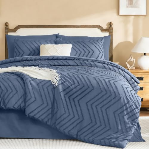 Litanika Full Comforter Set with Sheets, 7 Pieces Boho Bed in a Bag - Aegean Blue Fluffy Lightweight Neutral Soft Warm Chevron Tufted Textured Bed Set