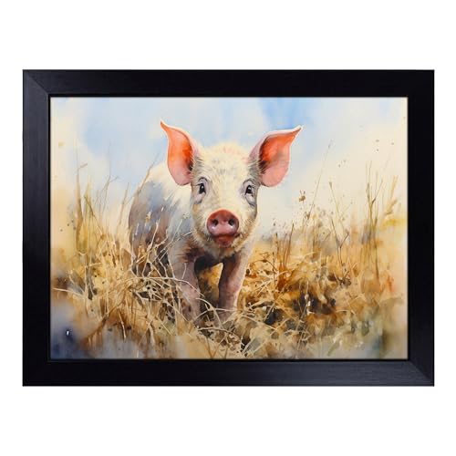 Lap Tray with Bean Bag Cushion, Pig Watercolour Art - Handmade in the UK, Raised Wooden Edge, Padded Cushion, Heat-Resistant Wipe-Clean Surface, for Meals, Laptops and Crafts