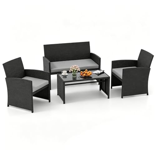 RELAX4LIFE 4PCS Rattan Garden Furniture Set, Conversation Set with Coffee Table and Removable Cushions, Wicker Sofa Chair and Table Set (Black+Grey, Loveseat: 107 x 63 x 78cm (L x W x H))
