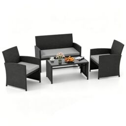 RELAX4LIFE 4PCS Rattan Garden Furniture Set, Conversation Set with Coffee Table and Removable Cushions, Wicker Sofa Chair and Table Set (Black+Grey, Loveseat: 107 x 63 x 78cm (L x W x H))