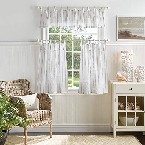 Martha Stewart Laguna Stripe Semi-Sheer Tie Tab Window Curtain Valance and Tiers Set, Mocha