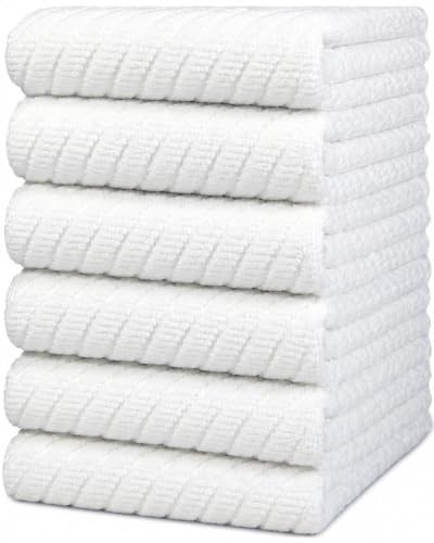 Premium Kitchen Towels (16???x 25???, 6 Pack) - Large Cotton Kitchen Hand Towels - Dish Towels - Diagonal Weave Design - 445 GSM Highly Absorbent Tea Towels Set with Hanging Loop - White