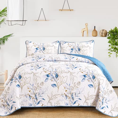 "Anibedding Botanical Quilt Set King,3 Pieces Reversible Elegant Blue Leaves Pattern Bedspread Coverlet Soft Microfiber Bed Cover for All Season (103""??90"""