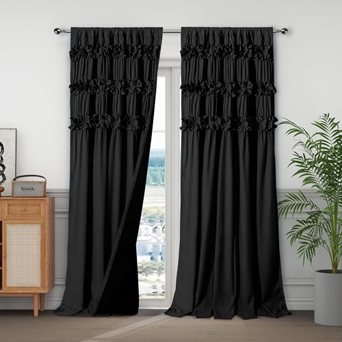 "Homechoice Decor Black Blackout Curtains with Handmade Ruffles, Butterfly Flower Embellishments for Thermal Insulated Room Darkening Drapes, 54""x84"", Set of 2 Panels for Bedroom, Living Room (LQ-37)"