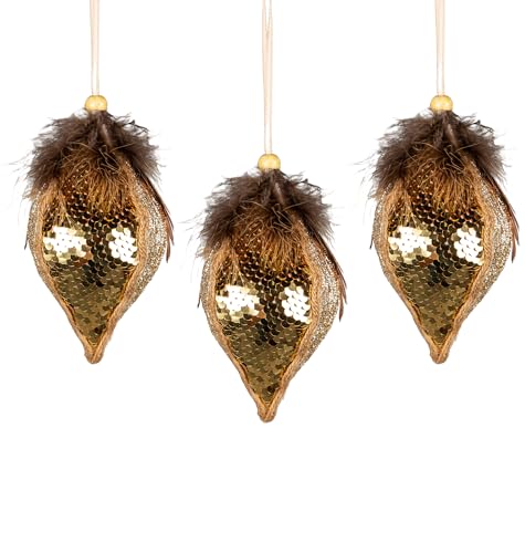 3Pcs Gold Sequin Teardrop Bauble 14cm - Christmas Tree Hanging Decorations Festive Decorative Ornaments Fairy Tale Themed Xmas Tree Pendant