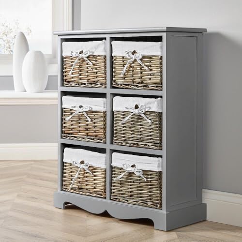 Home Source Bedroom Wooden Storage Unit, Woven Willow Wicker Baskets, 6 Drawer Wide Cabinet Chest, Grey