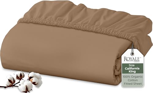 "Royale Linens 100% Organic Cotton Fitted Sheet - Percale Weave - Super Soft Deep Pocket Bottom Sheets - Elastic Sheet King Cal Size -California King Fitted Sheets Only - (72""x84""+15"", Chocolate)"