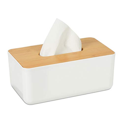 Relaxdays Tissue Box Cover with Bamboo Top, Baby Wipe Dispenser, Kitchen Napkin Holder, Bathroom, 10 x 23 x 13 cm, White