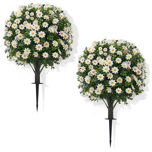 "FZHCZWZX Set of 2 Artificial Cypress Topiary Ball Trees with White Mum Flowers, 24"" H UV Resistant Faux Outdoor Plants with 7"" H Ground Spike, Fake Round Shrubs for Porch, Patio, Garden Decor"