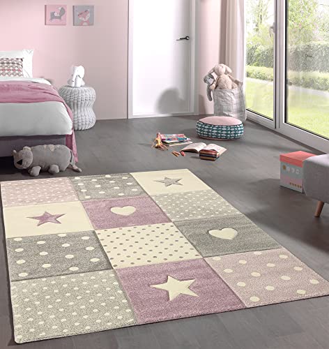 Mias Teppiche Mia's Marie Children's Rug, Boys & Girls, Pastel, Modern, Chequered, Dots, Hearts, Purple, 80 x 150 cm
