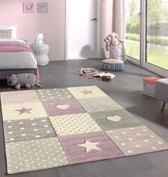 Mias Teppiche Mia's Marie Children's Rug, Boys & Girls, Pastel, Modern, Chequered, Dots, Hearts, Purple, 80 x 150 cm