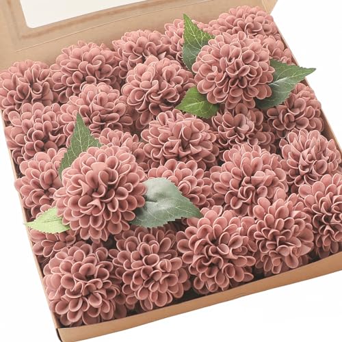 Floroom Artificial Dahlia Flowers 25pcs Real Looking Dusty Rose Foam Fake Roses with Stems for DIY Wedding Bouquets Bridal Shower Centerpieces Floral Arrangements Party Tables Home Decoration