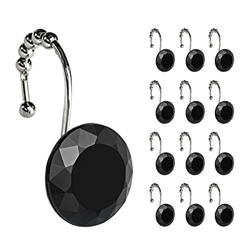 Sunlit Luxury Design Round Black Diamond Crystal Gem Bling with Glide Balls Shower Curtain Hooks, Rust Proof Metal Rhinestones Glam Shower Curtain Rings-12 Pack