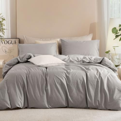 JIYUAN King Washed Cotton Duvet Cover Set, 3-Piece, Relaxed Linen Feel - Includes 2 Pillowcases, Hidden Zipper & 8 Corner Ties. Naturally Soft, Breathable & Lightweight. Machine Washable.