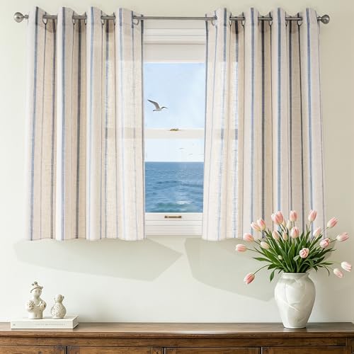 DriftAway Farmhouse Curtains for Living Room Vertical Striped Linen Curtains Semi Sheer Light Filtering Grommet Window Treatments, 36 Inches Long, 2 Panels, Pinstripe Navy on Beige