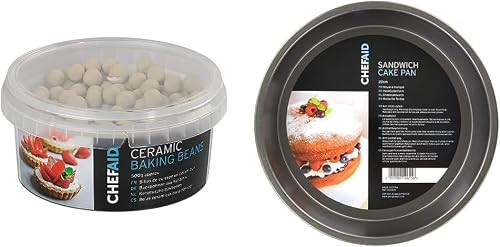 Chef Aid Reusable Ceramic Baking Beans and Blind weights in storage tub, Oven Beads Prevent Pastry shrinkage, Blind bake Quiche, Pies, and Tarts, Approx 500 g. + Chef Aid Non-stick Cake Tin