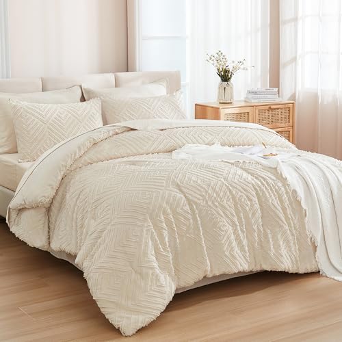 Andency Oversized King Comforter 120x120, Beige - 7 Pieces, Bed in a Bag, Extra Large King, Soft Lightweight Fluffy Polyester, Elegant Boho Tufted Reversible Bedding Set