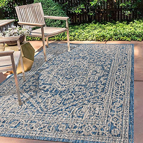 JONATHAN Y SMB101B-8 Sinjuri Medallion Textured Weave Indoor Outdoor Area Rug, Coastal, Traditional, Transitional Easy Cleaning, Bedroom, Kitchen, Backyard, Patio, Non Shed, Navy/Gray, 240 cm X 300 cm