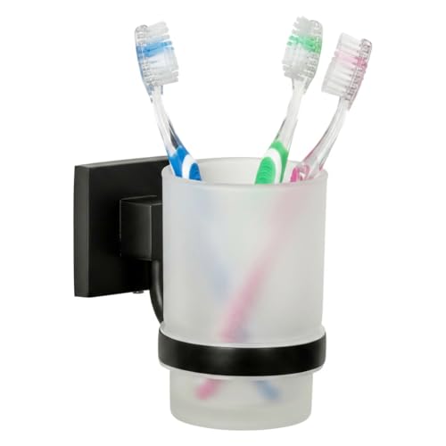 Fackelmann New York Toothbrush Holder - Toothbrush Holder in Matt Black and Matte Glass - Installation with or Without Drilling - Approx. 7 x 10 x 11 cm