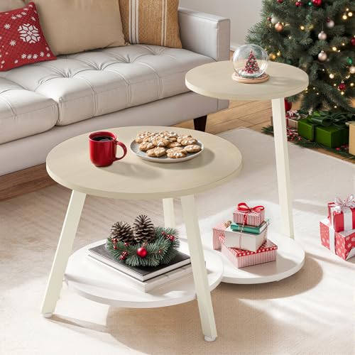 YITAHOME Round Coffee Tables, Set of 2 Nesting Tables with Storage Space and Unified Style Design, Small Coffee Tables for Living Room, Side Table for Sofa Bedroom, Oak and White