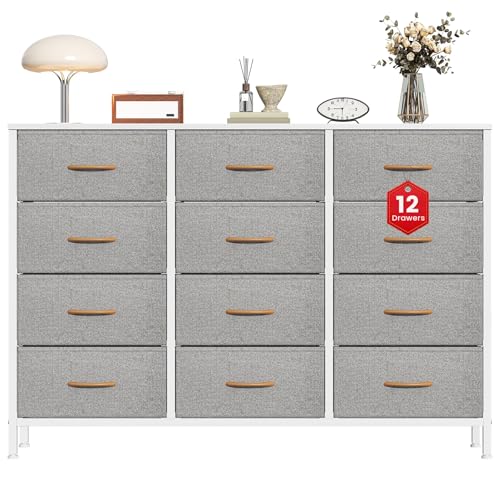 Feonase Chest of Drawers with 12 Drawers,Bedroom Drawers, Fabric Dresser with Wood Top,Drawer storage unit for for Bedroom, Living room(Light Gray)