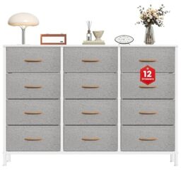 Feonase Chest of Drawers with 12 Drawers,Bedroom Drawers, Fabric Dresser with Wood Top,Drawer storage unit for for Bedroom, Living room(Light Gray)
