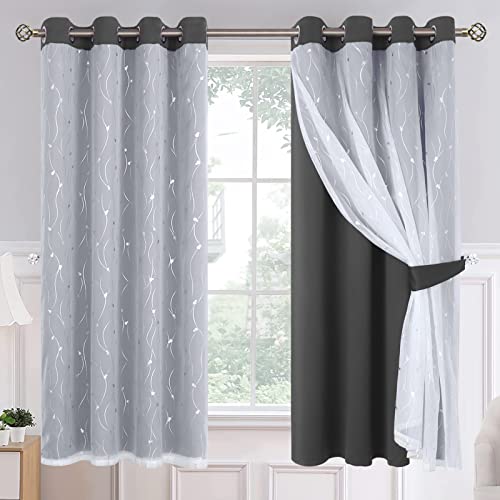 BGment Grey and White Blackout Curtains 63 Inch, Double Layer Bedroom Curtains with Sheer Overlay Silver Printed Tulle Grommet Window Panelsfor Living Room, 2 Panel Sets, 52 x 63 Inch, Dark Grey