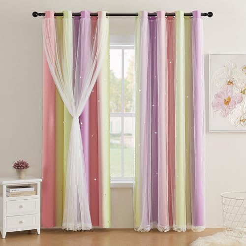 XiDi Pink Yellow Purple 90 Inches Curtains for Girls Bedroom 2 Panels Set, Blackout Rainbow Curtains for Kids Room Decor, Unicorn Wall Decals Drapes for Little Girl Nursery Room 52 Inches Wide