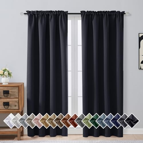 OVZME Black Blackout Curtains for Bedroom 78 Inch Length 2 Panels Set, Solid Thermal Insulated Energy Saving Window Curtains for Living Room, Dual Rod Pocket Window Drapes, Black, 2x40Wx78L Inches