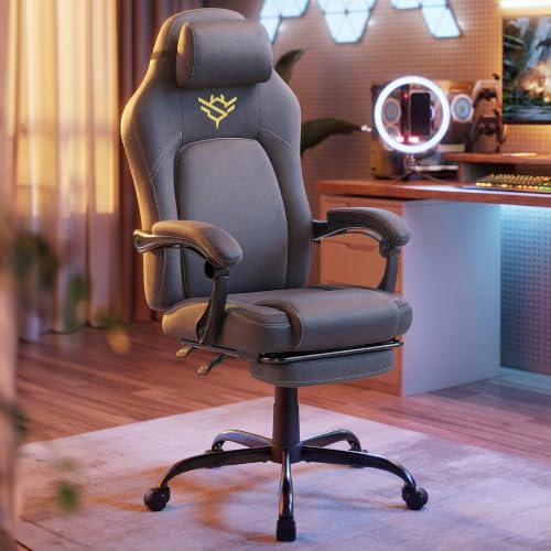 SONGMICS HOME Gaming Chair, Ergonomic Computer Chair with Footrest, Video Game Chair with Headrest, Cotton-Linen Fabric, Adjustable Height, Dove Grey OBG072G02