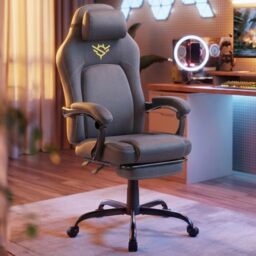 SONGMICS HOME Gaming Chair, Ergonomic Computer Chair with Footrest, Video Game Chair with Headrest, Cotton-Linen Fabric, Adjustable Height, Dove Grey OBG072G02