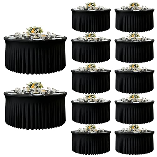 GALLETY 12 Pack Round Black Tablecloth 60 inch, Circular Table Cloth for 5 Foot Folding Tables, Fitted Elastic Kitchen Table Cloth Polyester Tablecloth for Wedding, Banquets, and Birthday Parties