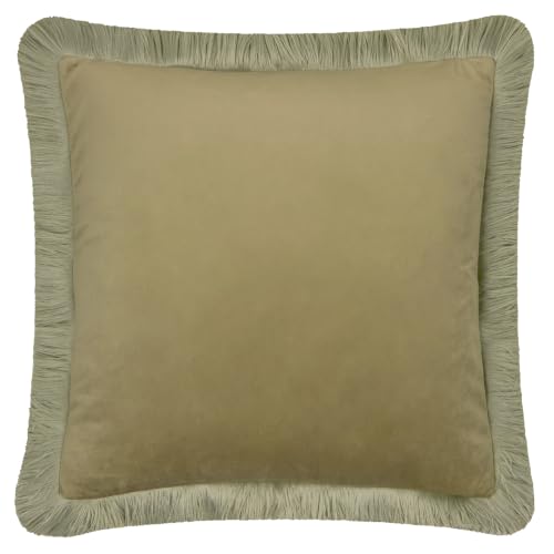 furn. Halo Fringed Velvet Cushion Cover (Sage/Green - 50x50cm) - Soft Colour Block Contrasting Trim Luxury Decorative Case