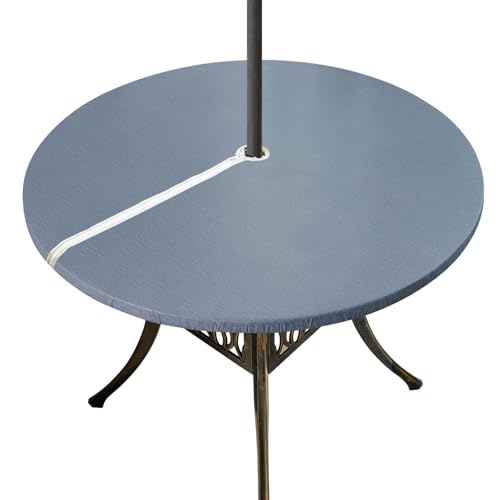 "Xikaywnt Round Vinyl Tablecloth with Umbrella Hole and Zipper, Fitted Table Cloth 100% Waterproof Wipe Clean PVC Table Cover for Outdoor Picnic and Patio, 40"" - 44"", Denim Blue"