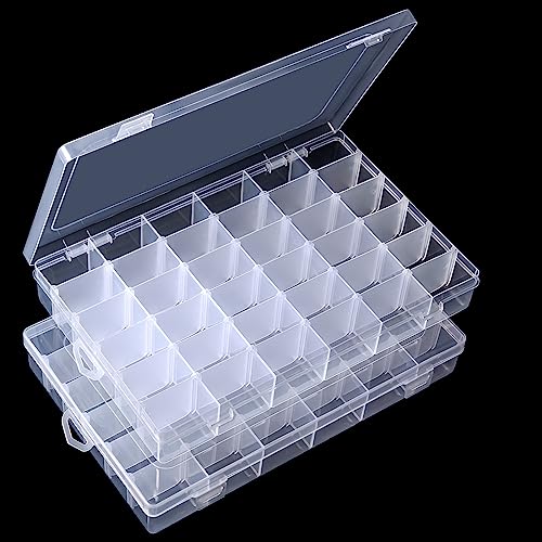 Gospire 2PCS 36 Grids Clear Plastic Jewelry Box Organizer Storage Container with Removable Dividers