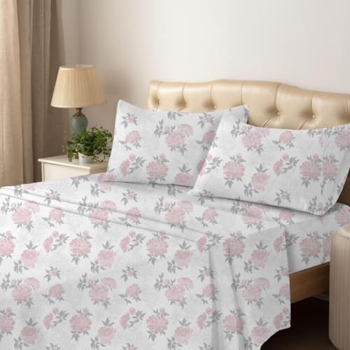 Shreem Linen Queen Sheet Set - 4 Piece Bedding - Brushed Microfiber Soft Sheets for Queen Size Bed with Flat,Fitted Sheet,2 Pillow Cases (Blush Petals)
