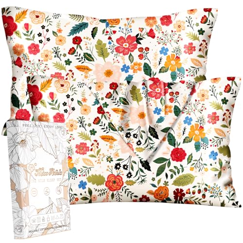 "Miss Adola Silk Pillowcase 2 Pack - Pillow Cases 20"" x 36"" King Size Set of 2 for Hair and Skin Smooth Soft Breathable with Hidden Zipper Cooling Pillow Covers for Sleeping, Beige Floral"